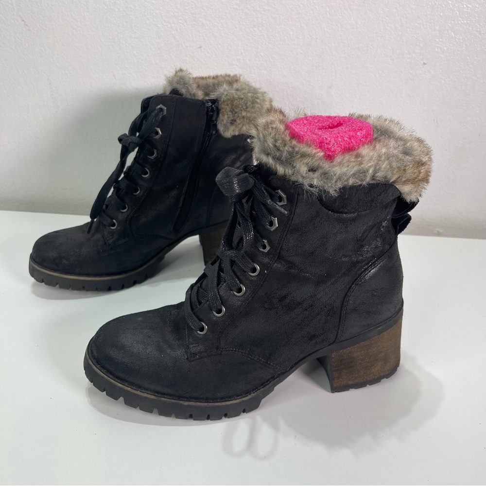 STEVE MADDEN Comfort Black Faux Fur Zip Combat Ankle Boots 8.5 Biker Moto